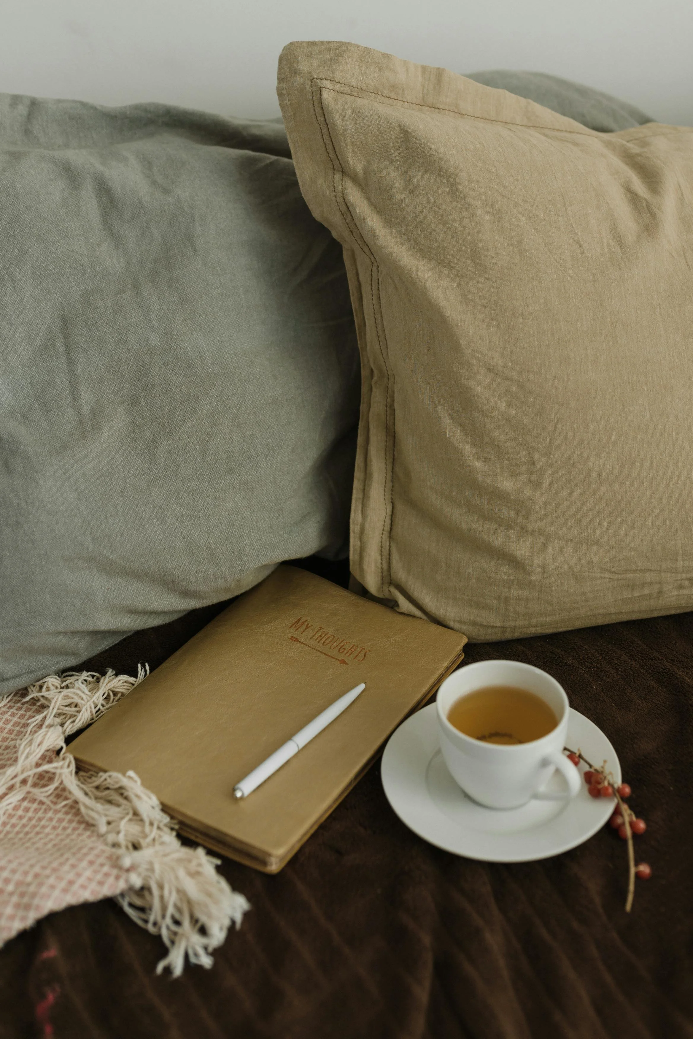 A beige pillow and a gray pillow on a bed, a closed brown notebook with 'My Thoughts' written on the cover, a white pen resting on the notebook, a cup of tea on a white saucer, and a small sprig of pink berries on a dark bedspread.