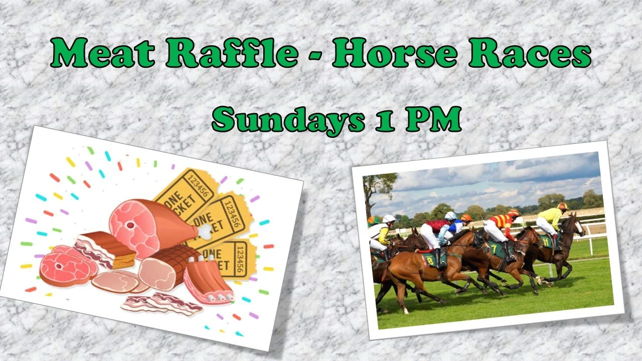 Flyer advertising a meat raffle with horse races on Sundays at 1 PM, featuring images of assorted meats and a horse race.