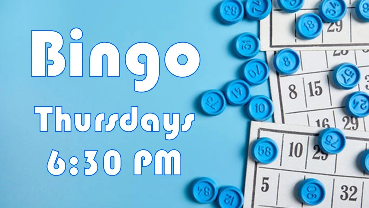 Bingo and lottery-themed image with blue bingo chips, bingo cards, and the text "Bingo Thursdays 6:30 pm" on a light blue background.