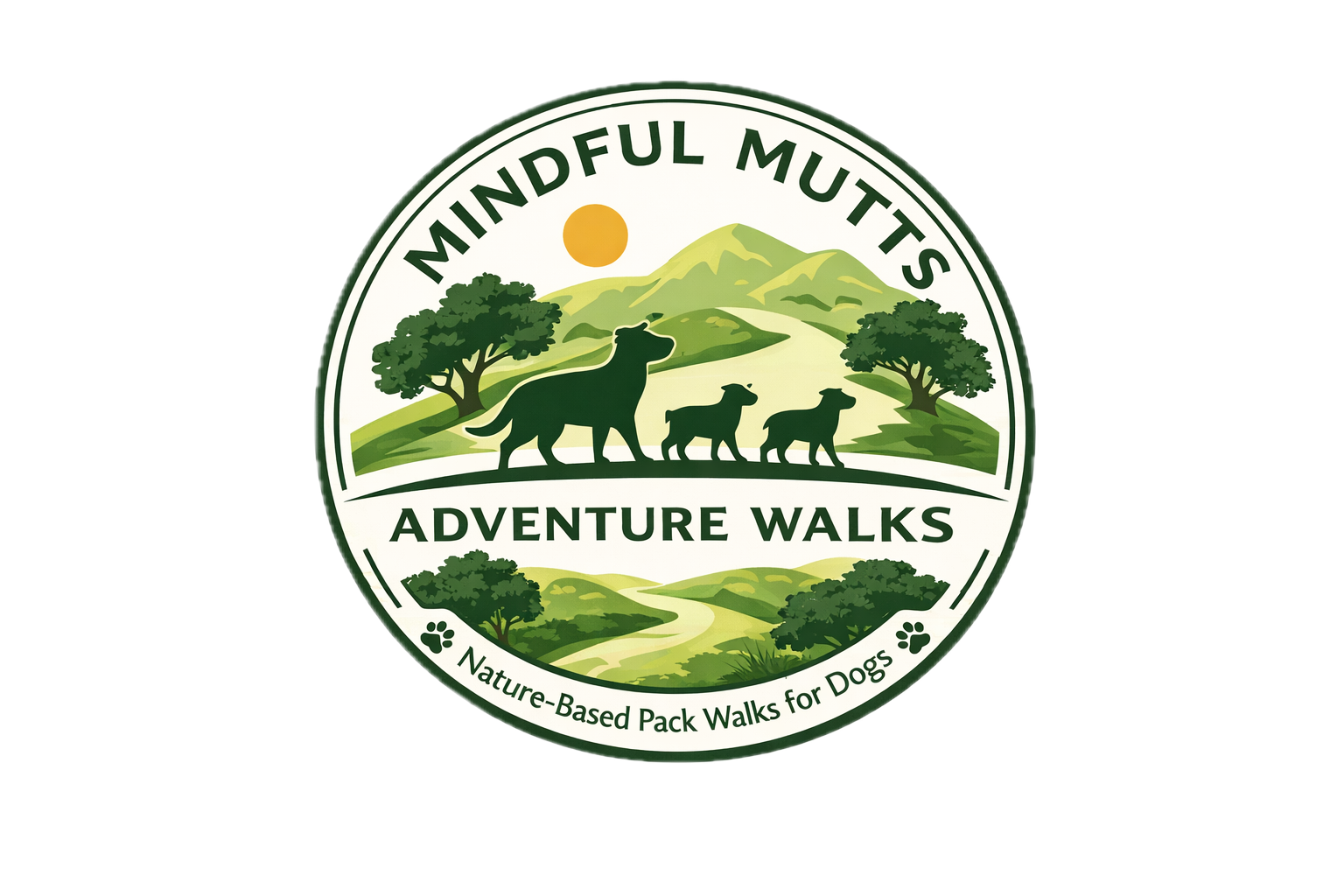 A logo for Mindful Mutts Adventure Walks featuring a green landscape with mountains, trees, and a winding path, including silhouettes of a dog and additional smaller dogs, with the text "Mindful Mutts Adventure Walks" and "Nature-Based Pack Walks for Dogs" with paw print icons.