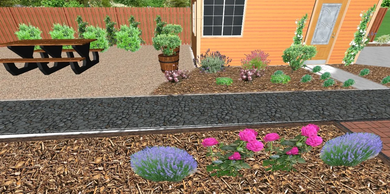 Garden with colorful flowers, bushes, and trees in front of a house with orange siding, a black window, and a deck with a picnic table.