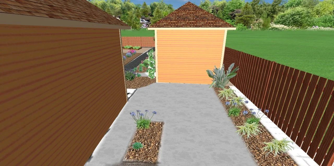 Digital rendering of a backyard patio with mulch beds containing plants, a concrete area, a wooden fence, and a small shed with a shingled roof, surrounded by trees.
