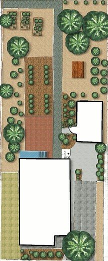 Top-down view of a backyard landscape with trees, shrubs, a lawn, a patio with a table, and a house with a driveway.