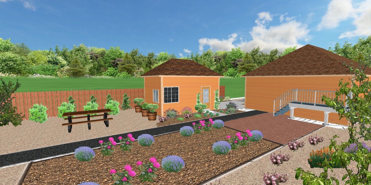 A landscaped backyard with two small orange buildings, a picnic table, a garden with flowers, and a fence with trees in the background.
