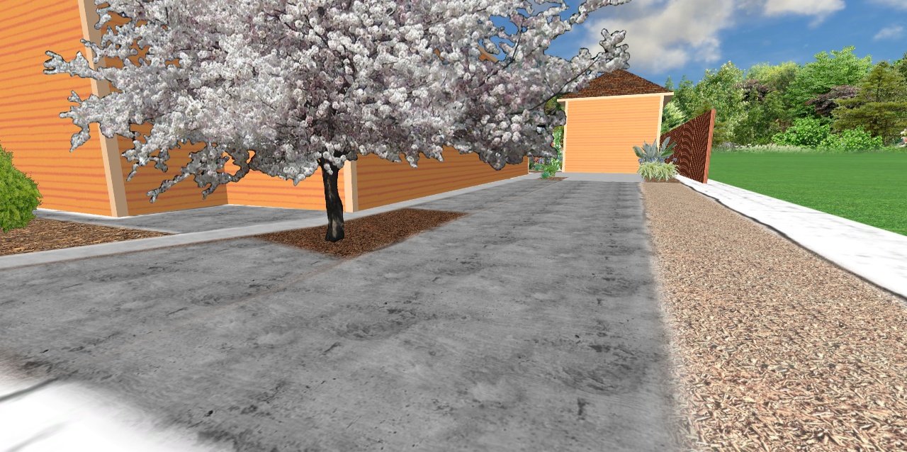 A driveway with a small tree in bloom on the left, a peach-colored building with a sloped roof in the background, and a yard with green grass and trees on the right.
