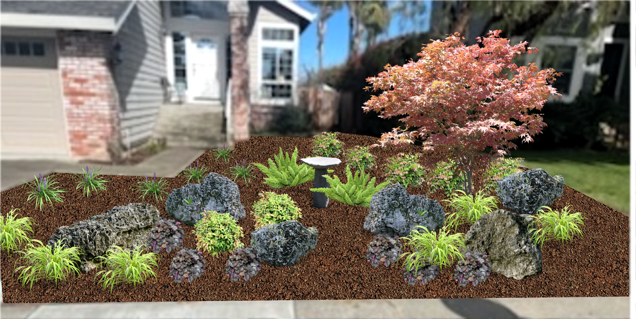 A landscaped garden with rocks, green plants, ferns, and a small birdbath, next to a house with a brick and wooden exterior.