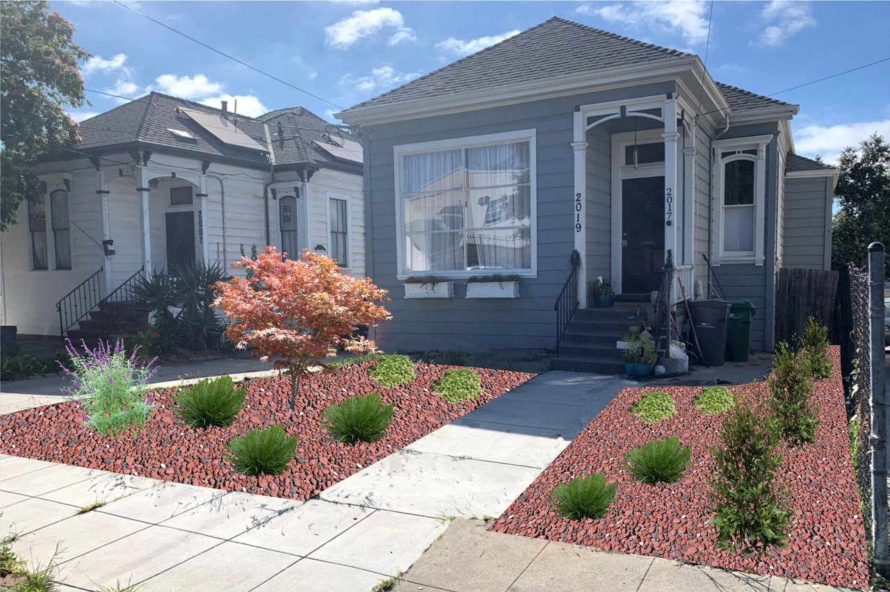 Front yard with red mulch landscaping, small tree, green plants, and pathway leading to a gray house with white trim.