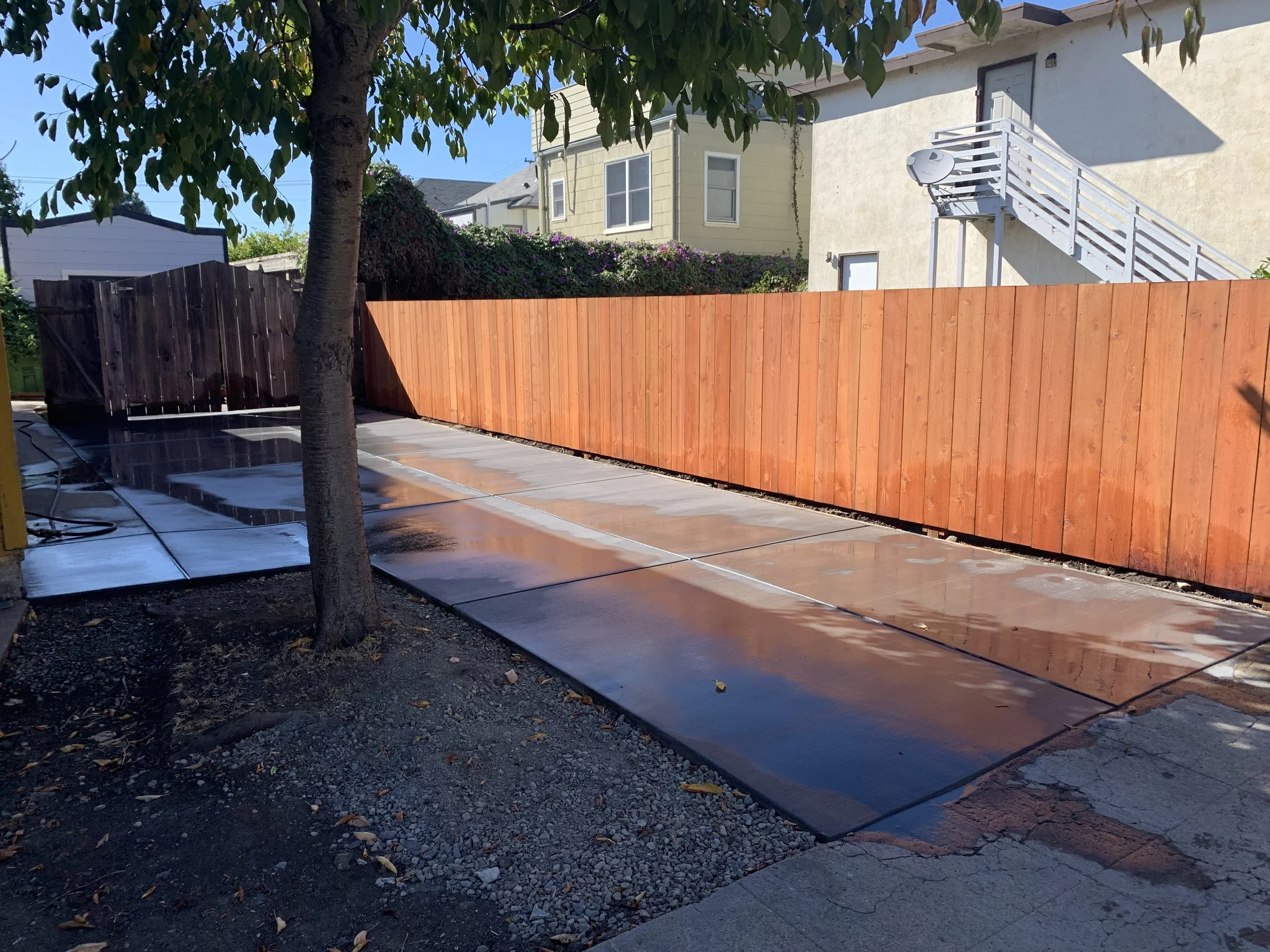 A backyard with concrete slabs being cleaned or sealed, a wooden privacy fence, a tree in the foreground, and houses in the background.
