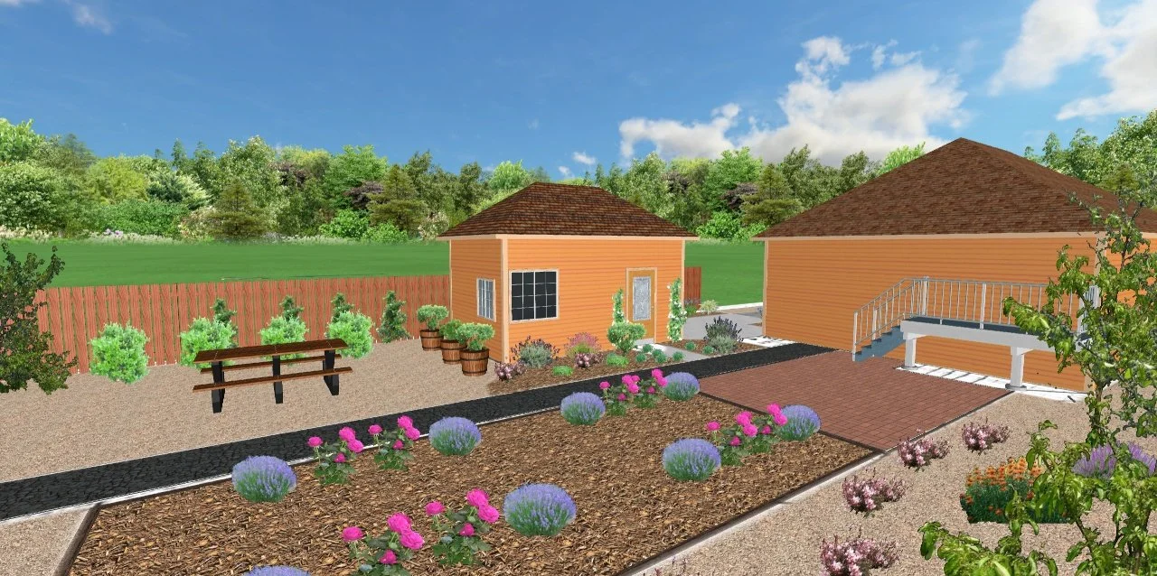 A backyard garden with two small orange buildings, a wooden bench, various plants, flowers, and shrubs, a brick pathway, and a green hedge fence with trees and a partly cloudy blue sky in the background.