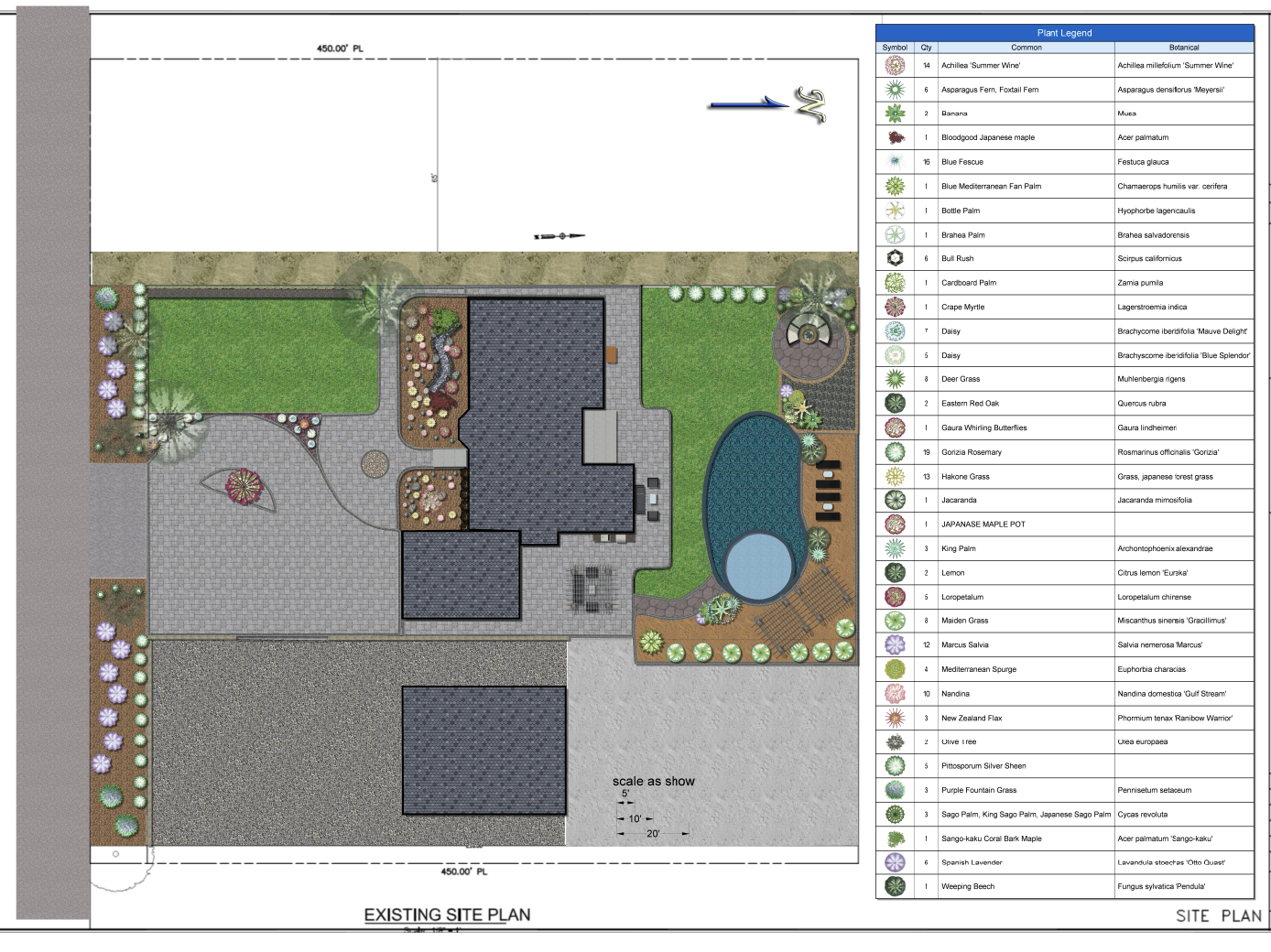 Landscape site plan showing different zones, pathways, a pool, a building, and a plant legend with plant symbols and botanical names.