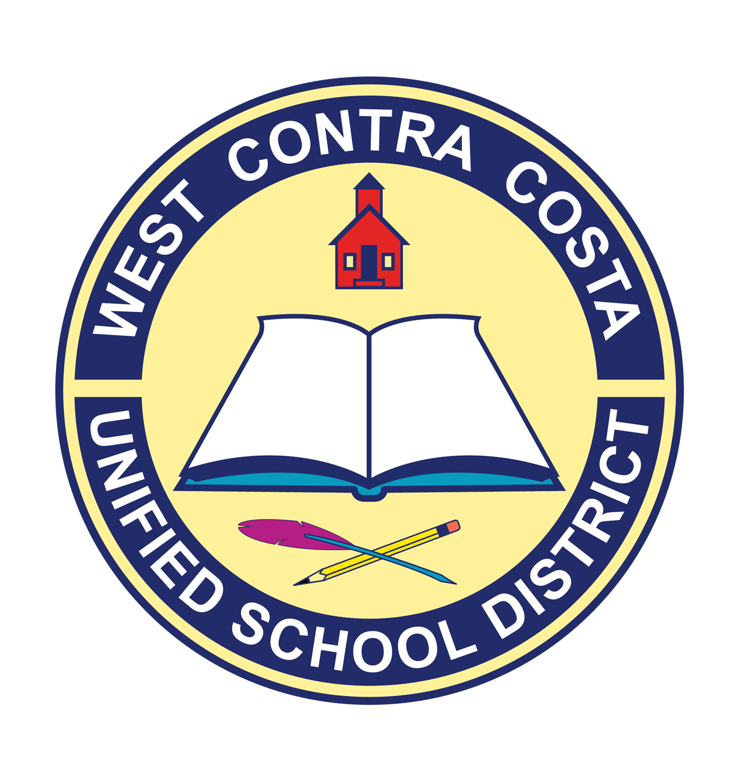 Seal of the West Contra Costa Unified School District featuring a red schoolhouse, an open book, a feather quill, and a pencil on a yellow background.
