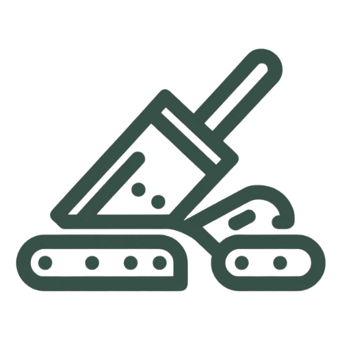 A cartoon illustration of a bulldozer with a scooping blade, a long arm, and tracks.