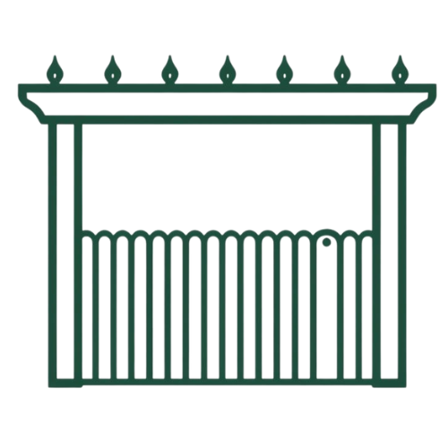 A cartoon-style drawing of a wooden fence with a row of pointed spikes on top, with a grey background.