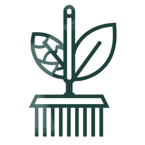 Line drawing of a small potted plant with a tall stem and two leaves, one large and one small, in a rectangular pot with vertical ridges.