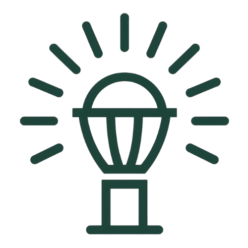 A stylized icon of a lightbulb with a sunburst pattern radiating from it.