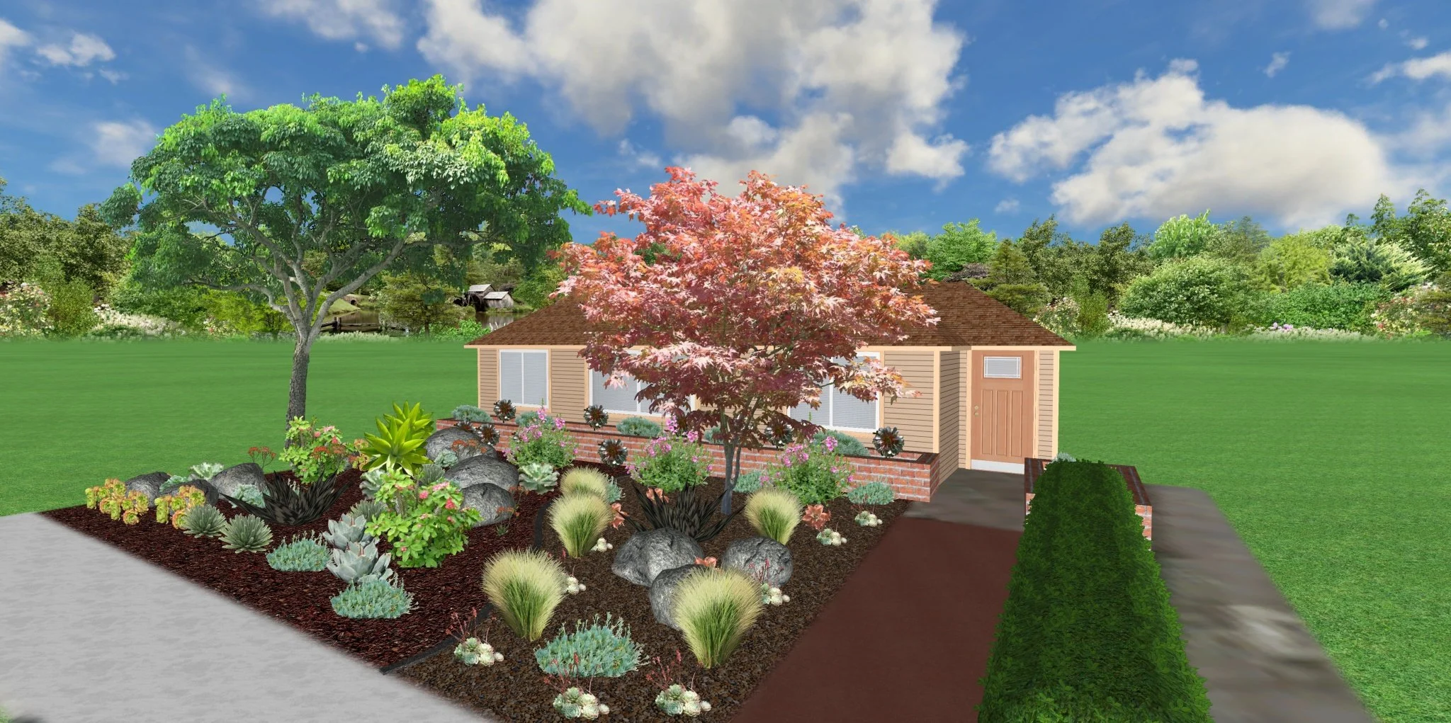 Digital drawing of a house with a front garden, lush green trees, and a blue sky with some clouds.