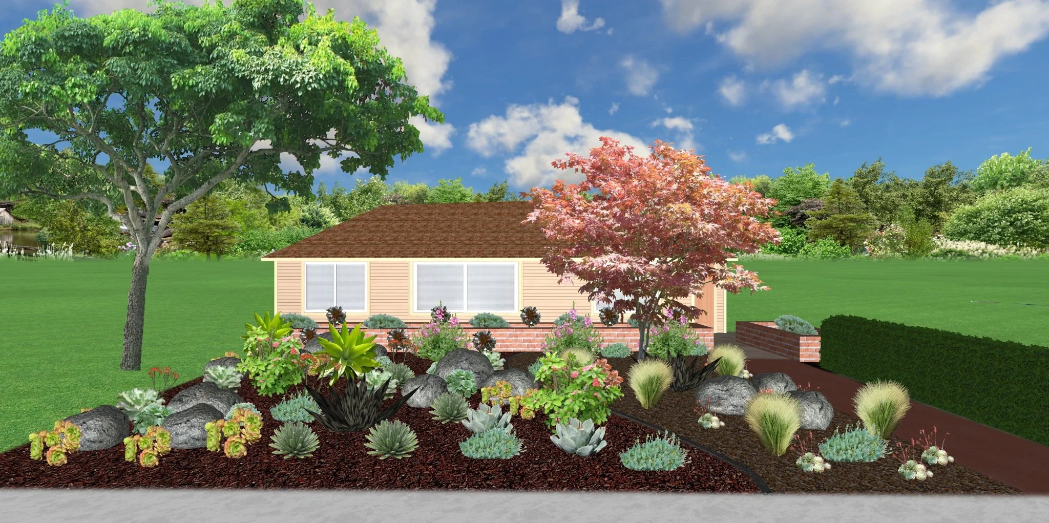 A landscaped garden in front of a house with beige siding, large windows, and a brown roof. The garden includes rocks, various green plants, succulents, pink and red flowers, and trees with green and pink foliage. A hedge runs along one side, and a w