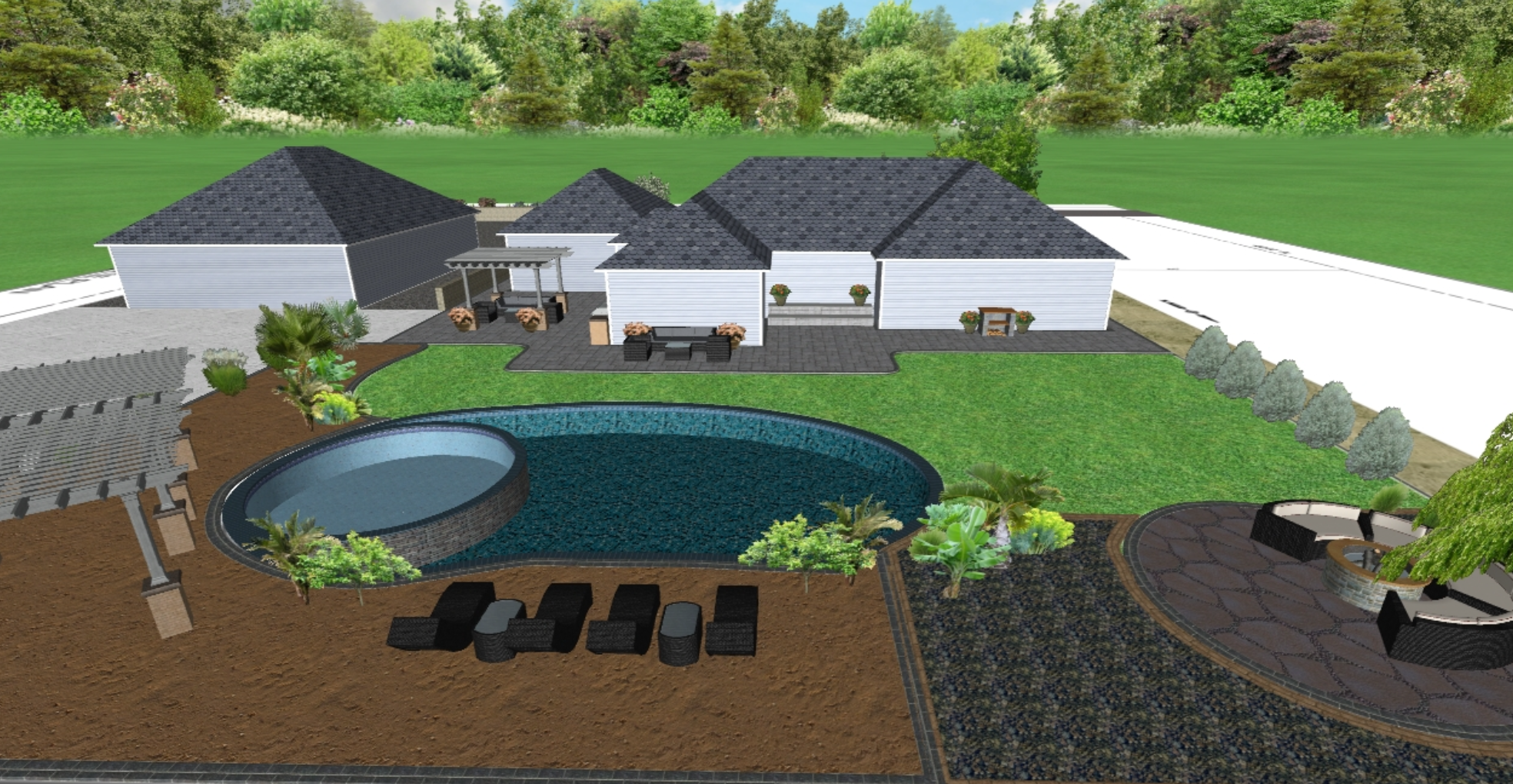 A backyard landscape design featuring a house with a dark shingled roof, a swimming pool, a hot tub, outdoor seating areas, a lawn, trees, shrubs, and garden beds, with a wooded area in the background.