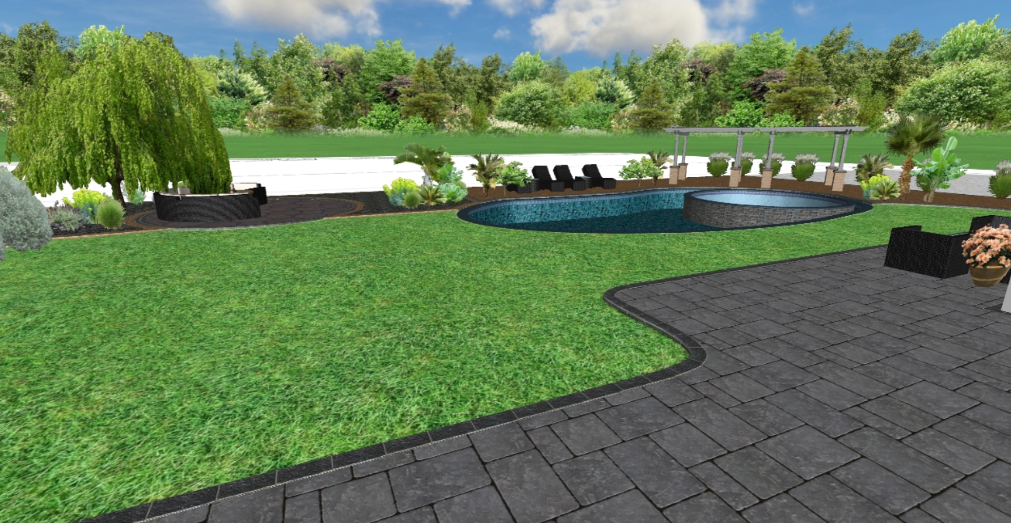 Backyard with a swimming pool, black lounge chairs, potted plants, and lush green trees and bushes in the background.