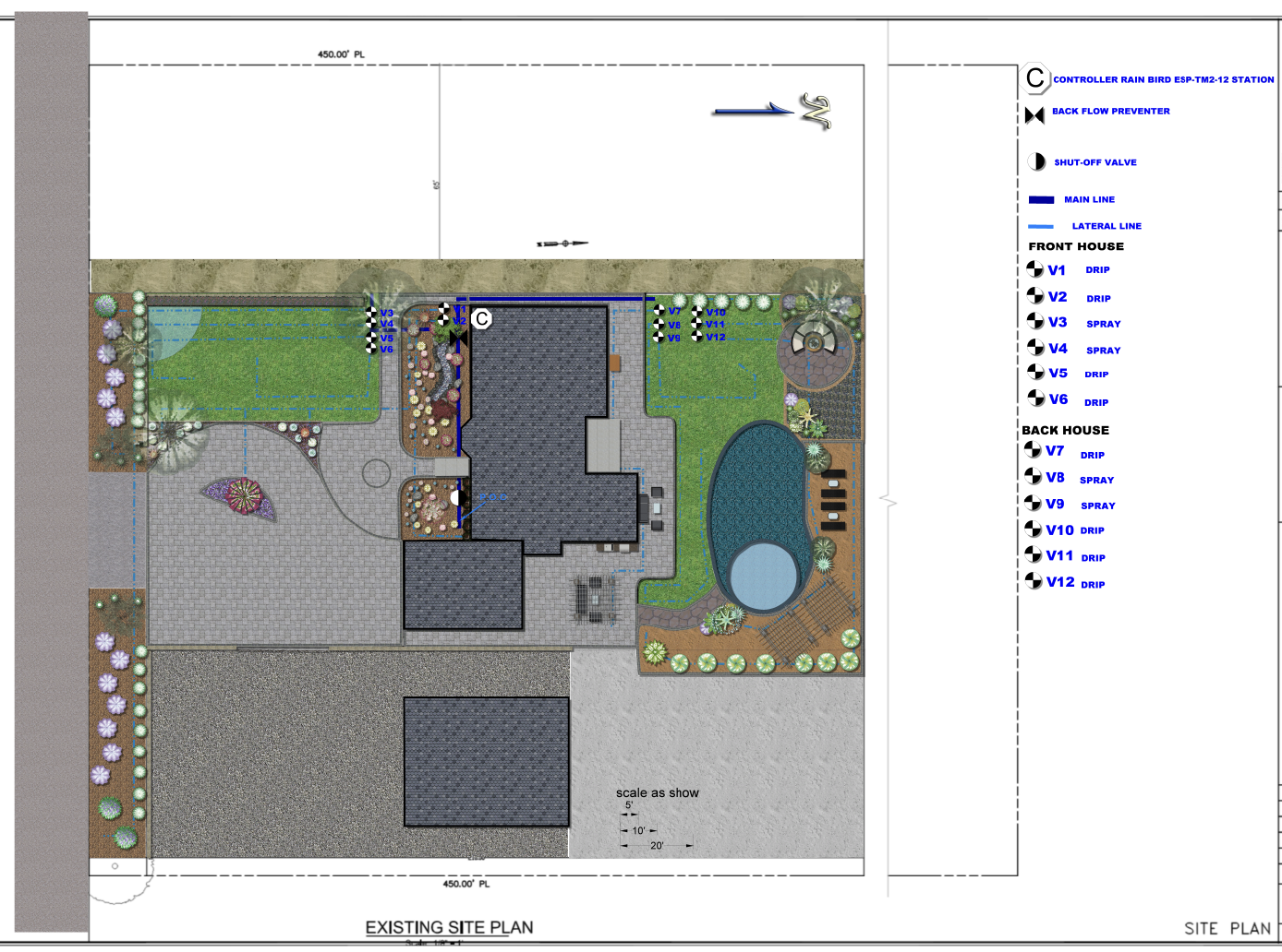 A detailed site plan of a residential outdoor area including a backyard with a pool, landscaped gardens, a patio, and pathways. The plan features various water irrigation components and labels for sprinkler heads, valves, and lines.
