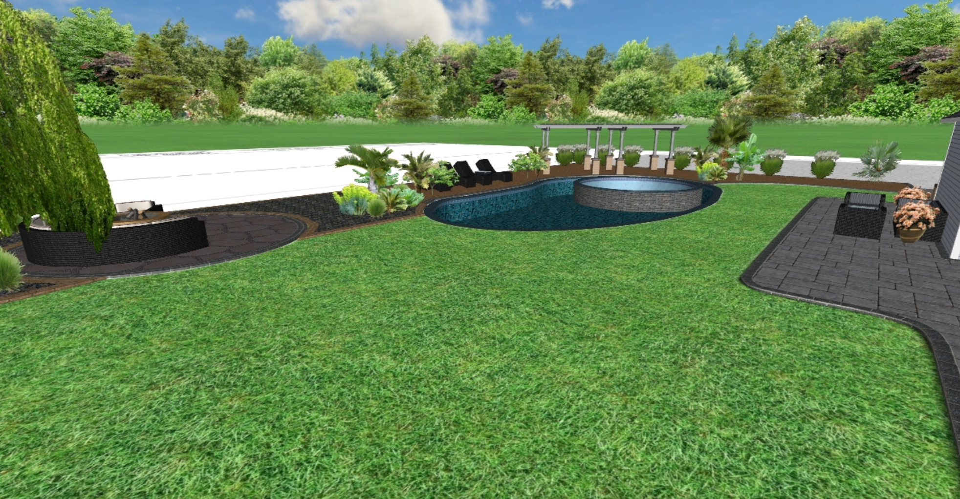 Backyard with a curved swimming pool, grassy lawn, patio area with black wicker furniture, potted plants, and a landscaped garden with trees and bushes in the background.