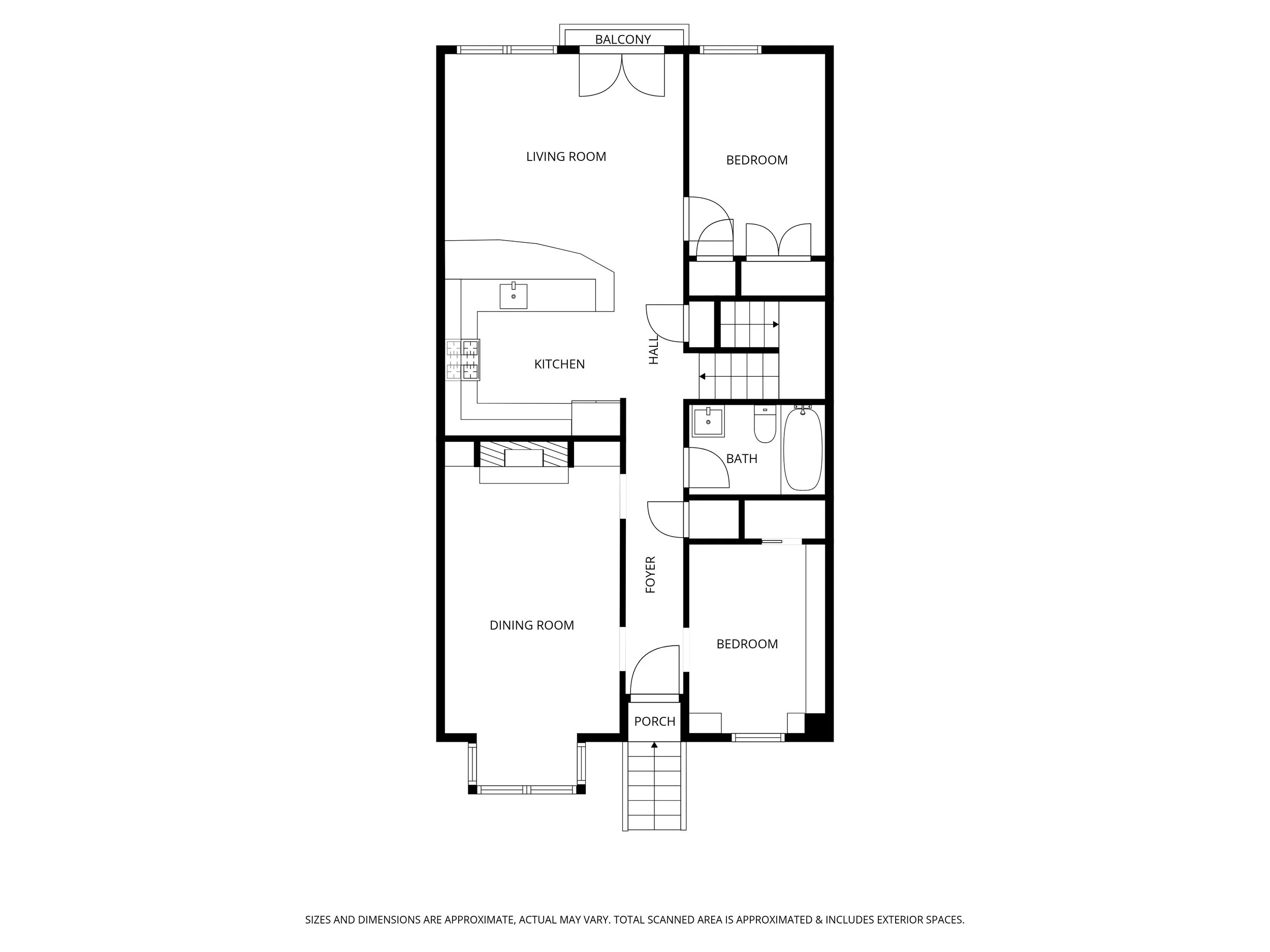 Floor plan of a house showing a porch, foyer, two bedrooms, a bathroom, a dining room, a kitchen, a living room, and a balcony.
