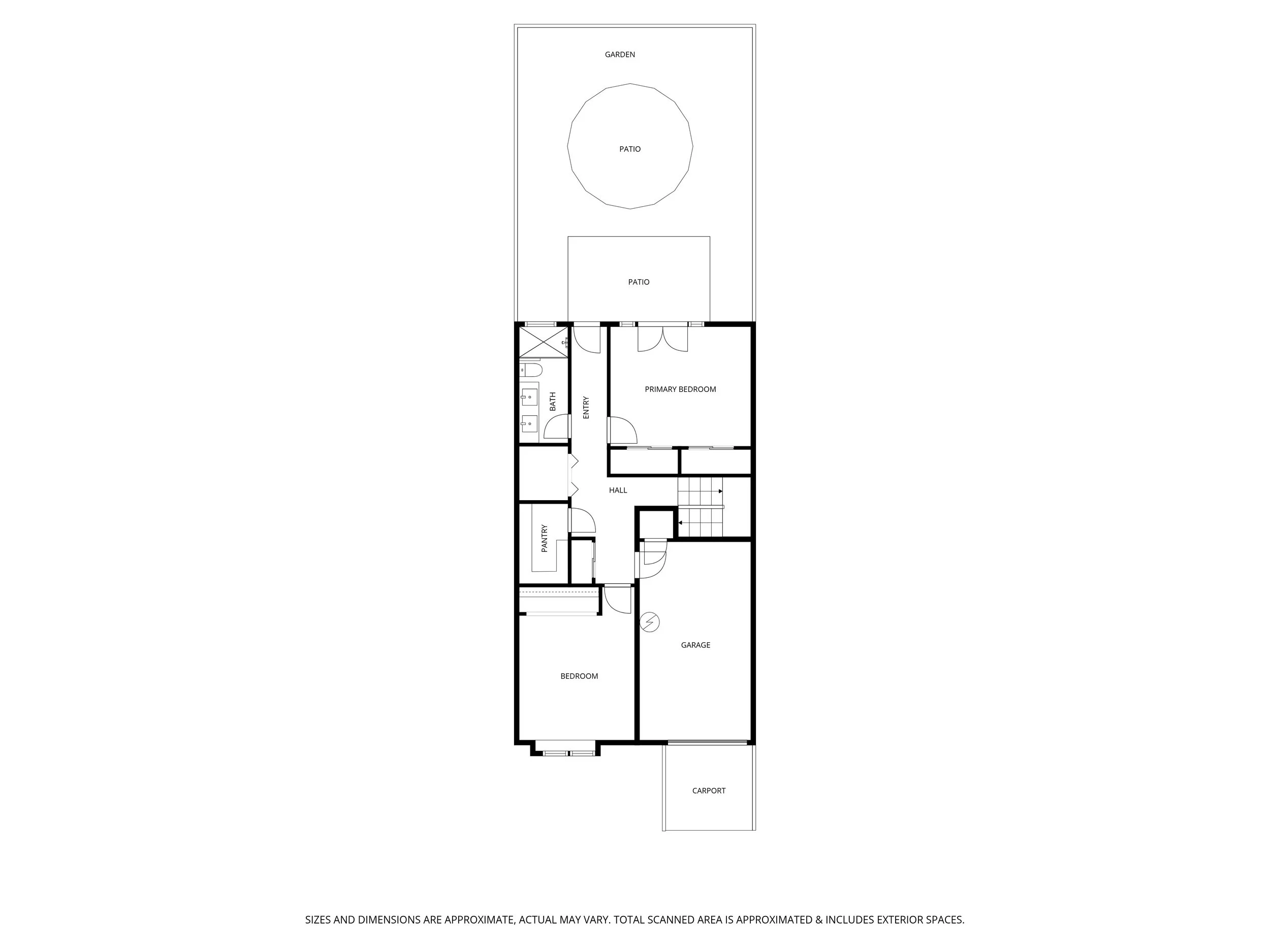 Floor plan of a house showing a bedroom, garage, pantry, hall, primary bedroom, bathroom, entryway, and a yard with a patio and garden.