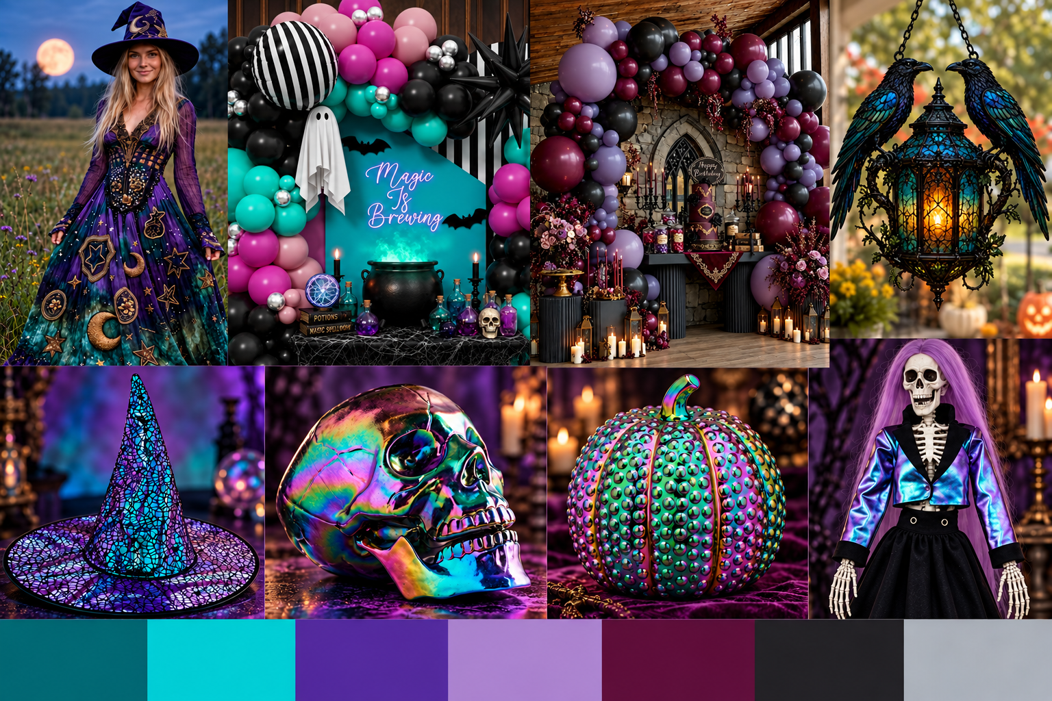 The mood board captures the trend of iridescent jewel toned materials commonly used in witchy themed Halloween decor