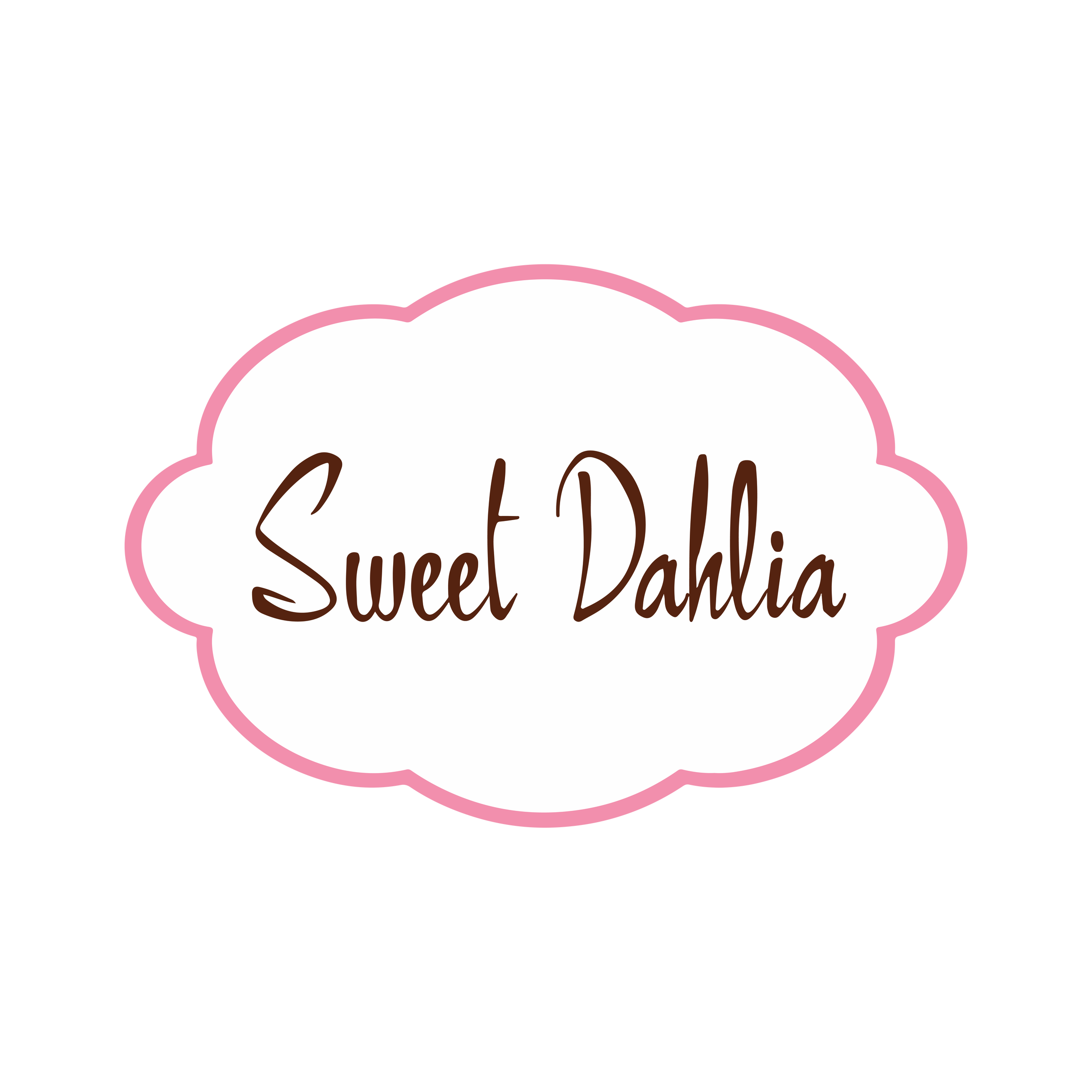 A pink and white graphic with the words "Sweet Dadi" written in brown cursive font inside a cloud-shaped outline.