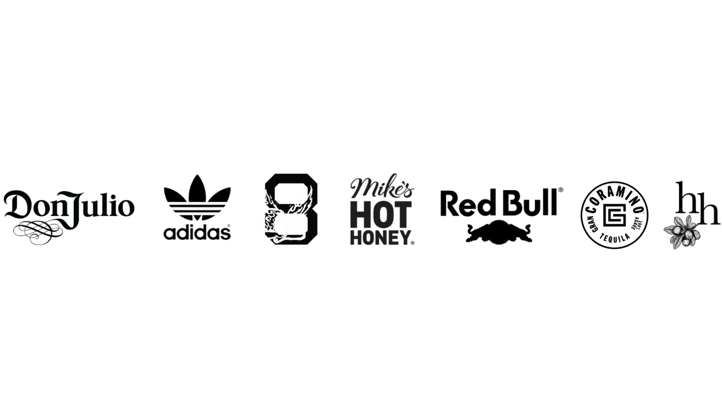 Various brand logos on a black background, including Adidas, a wolf's head, and text reading 'Make the Hot Honey'.