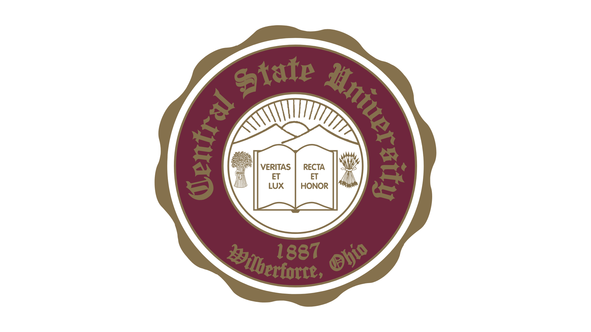 Seal of the University of Ohio Wittenberg, featuring an open book with Latin inscriptions, a tree, mountains, and wheat, encircled by text and a decorative border.