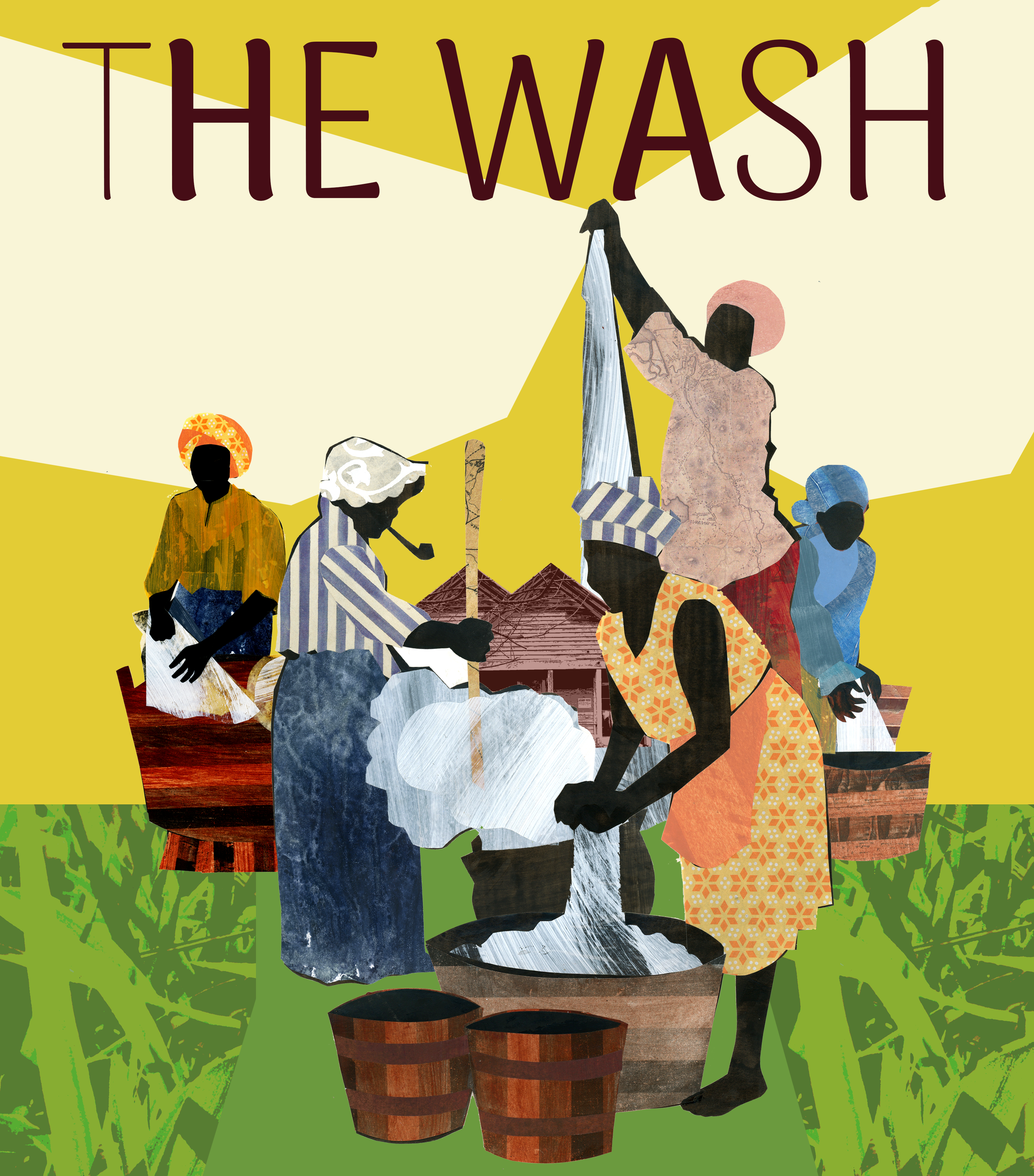 Collage of people gathered around a water fountain in a garden with large green leaves at the background, in a collage art style.