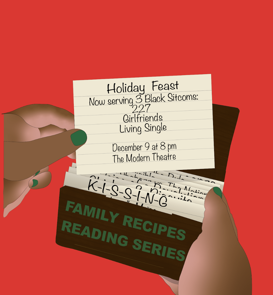 A person with painted green nails holding an index card with event details, near a wooden box labeled 'Family Recipes Reading Series' containing multiple index cards.