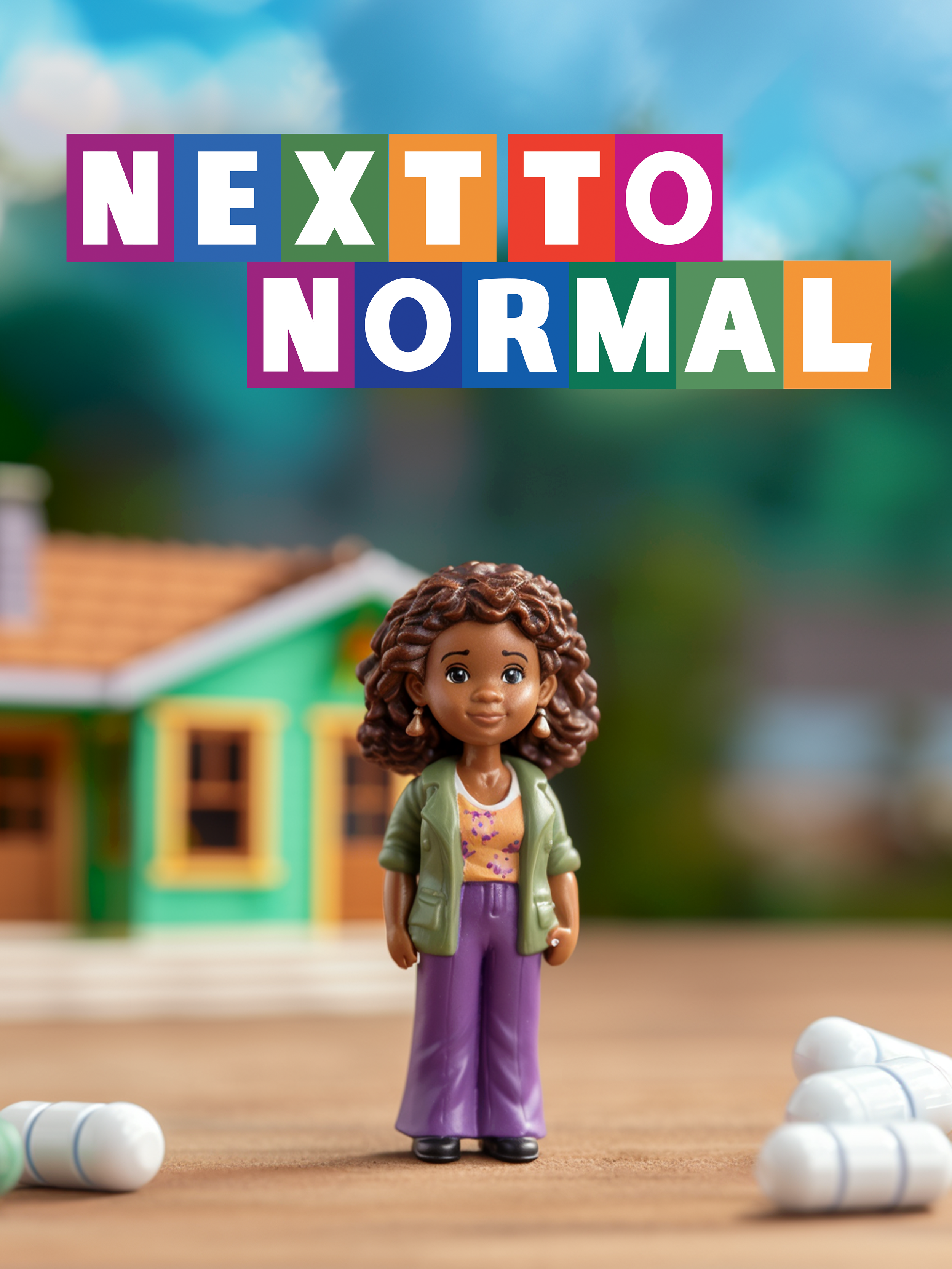 A toy figurine of a woman with curly hair, wearing purple pants, a floral top, and a green jacket, standing on a wooden surface, with some pills scattered around her and a colorful house in the blurred background.