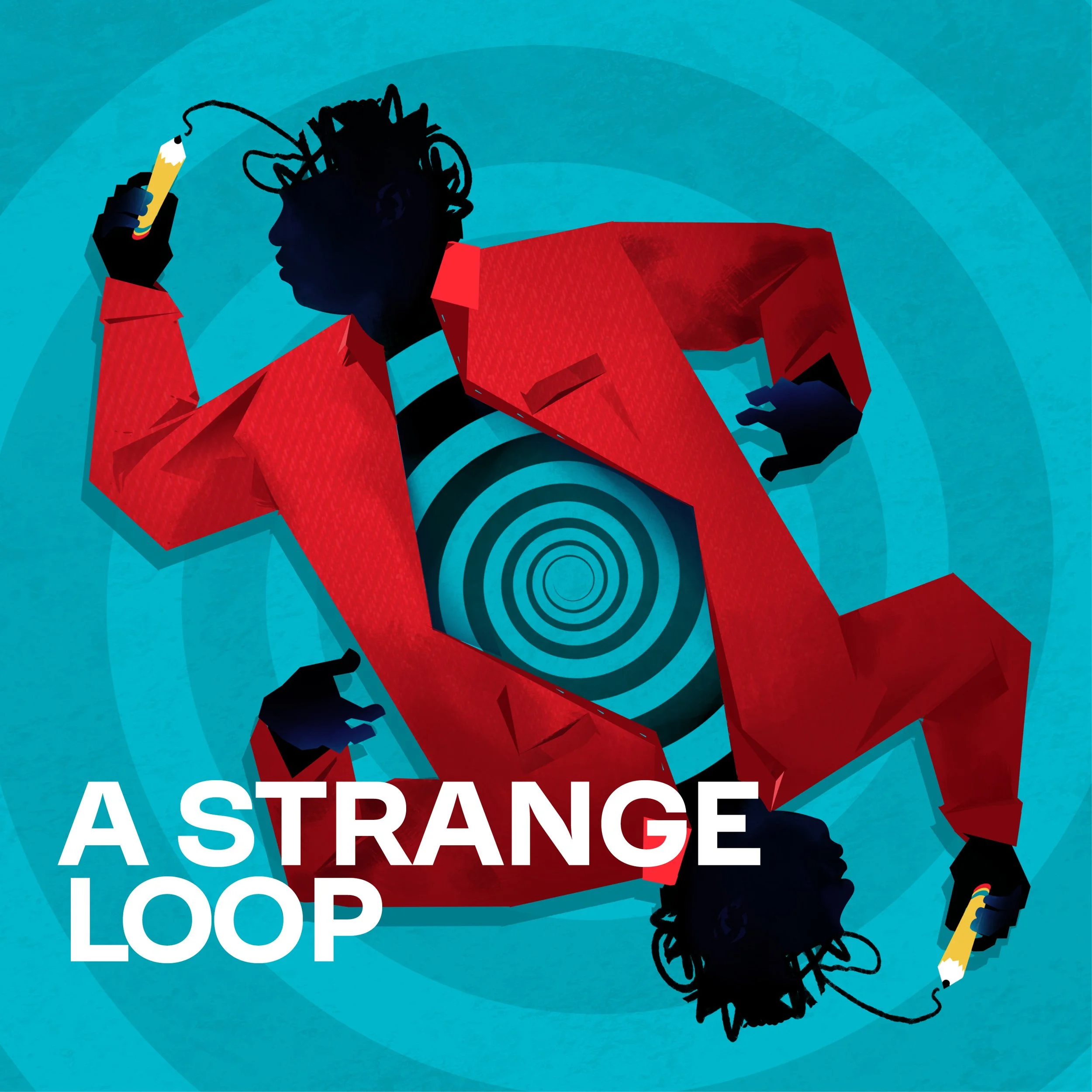 Stylized digital illustration featuring a silhouette of a person with a messy hairdo, holding a yellow pencil with a rainbow-colored stripe, against a turquoise background with concentric circles. Text overlay reads "ASTRANGE LOOP" in large white font.