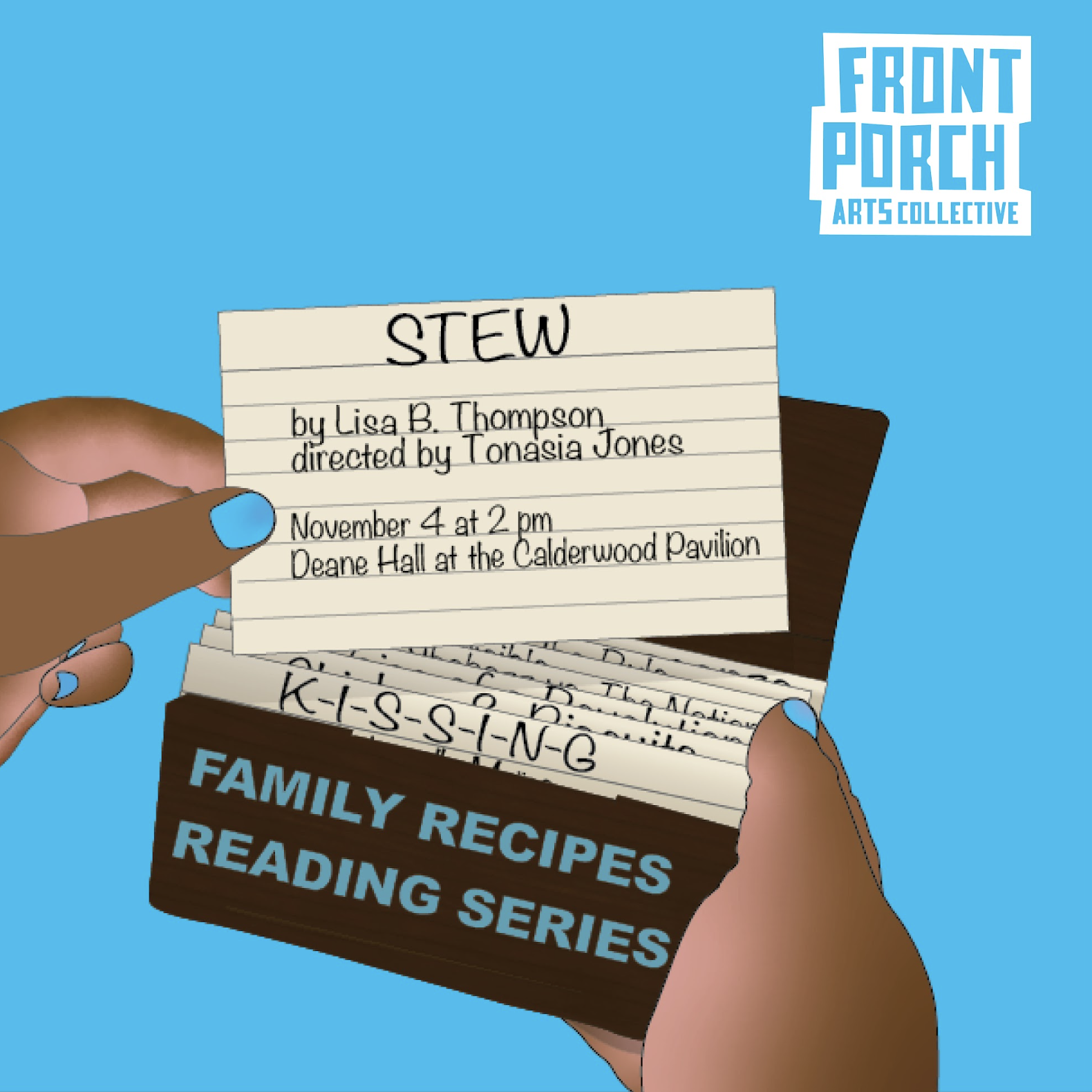 Hands holding a stack of handwritten recipe index cards, with one card pulled out displaying details about a stew event.