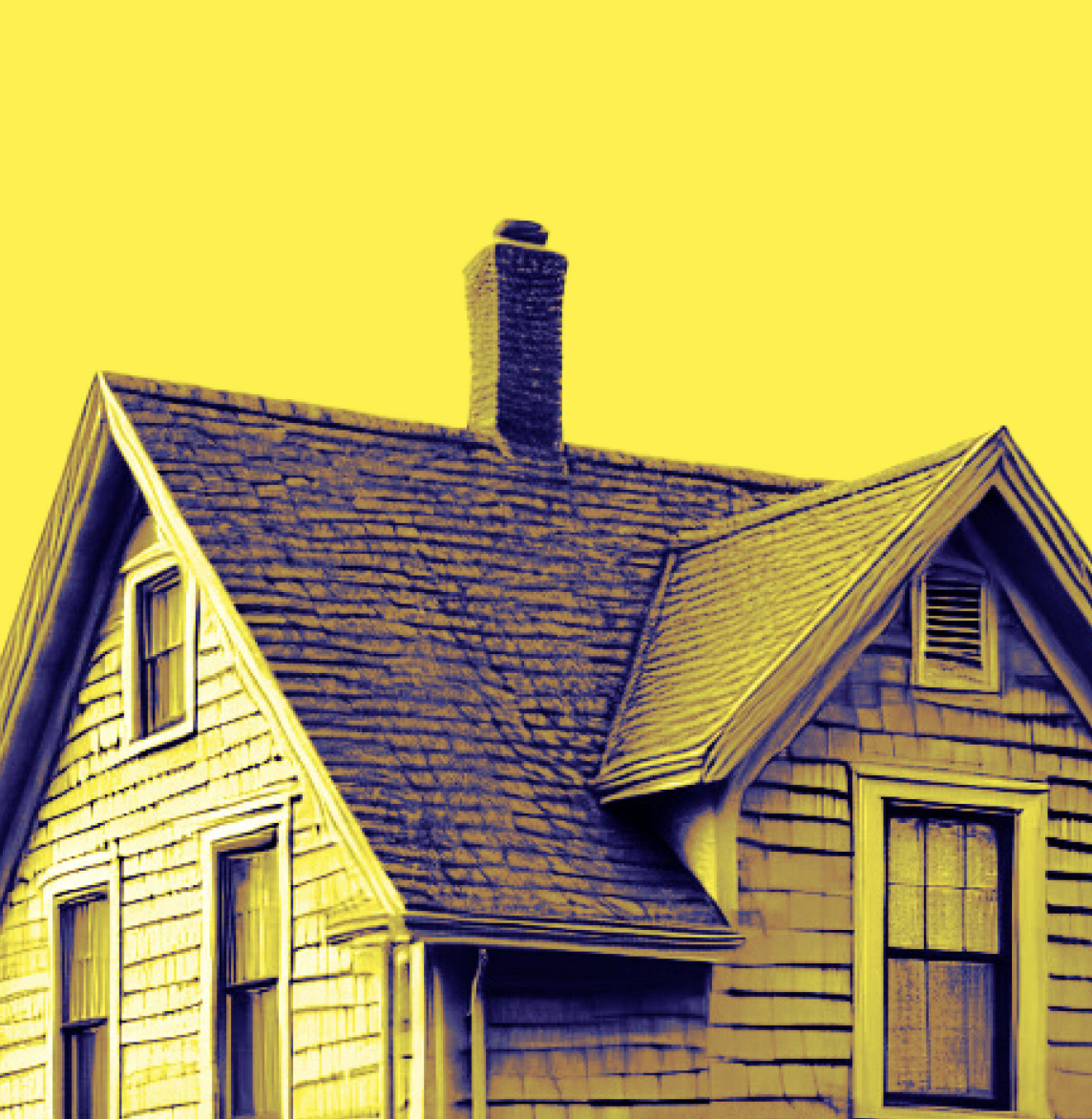 Illustration of a house with a pitched roof and chimney, against a bright yellow background.