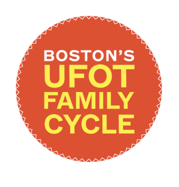 Red circular badge with white and yellow text that reads "Boston's UFO Family Cycle."