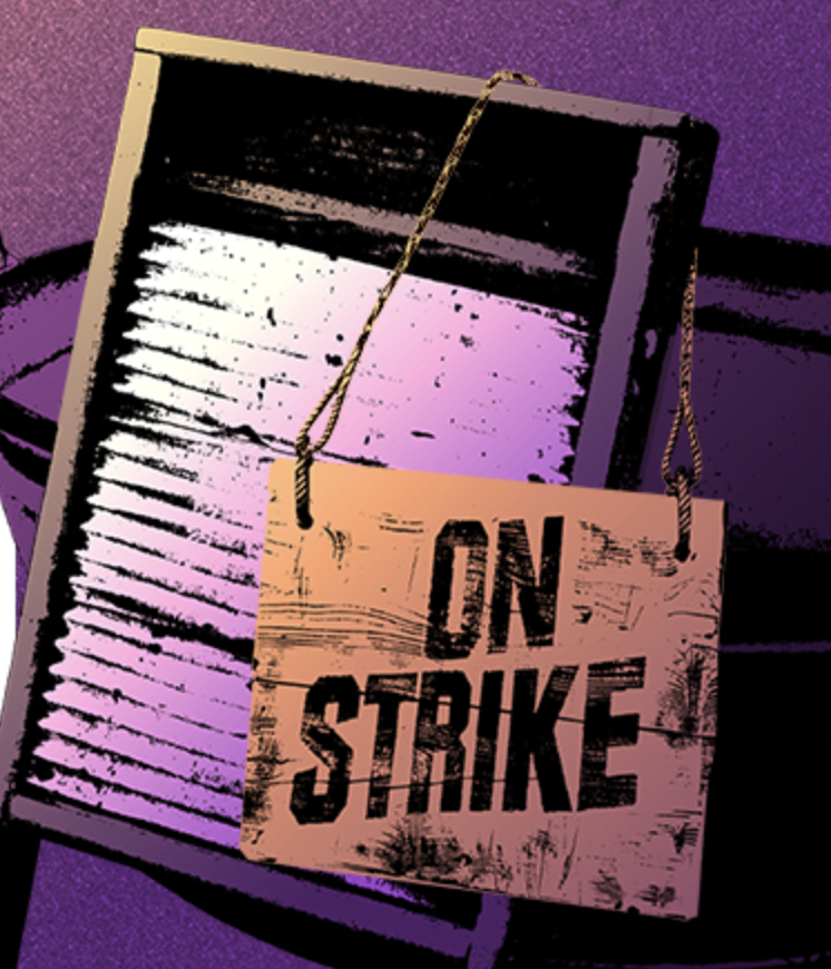 A cartoon-style illustration of a newspaper with an 'ON STRIKE' sign hanging from it, set against a purple background.