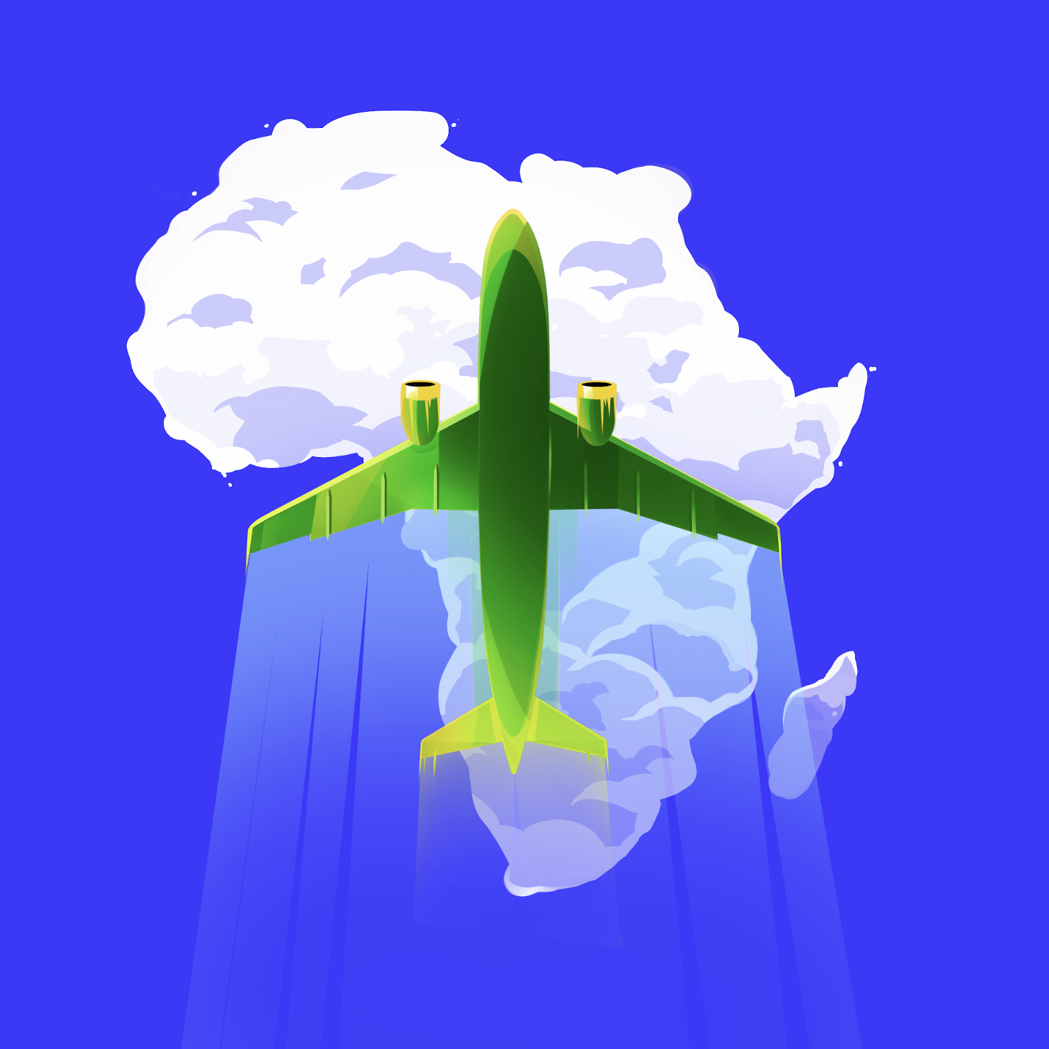 Digital illustration of a green airplane flying above a cloud and reflected on water.