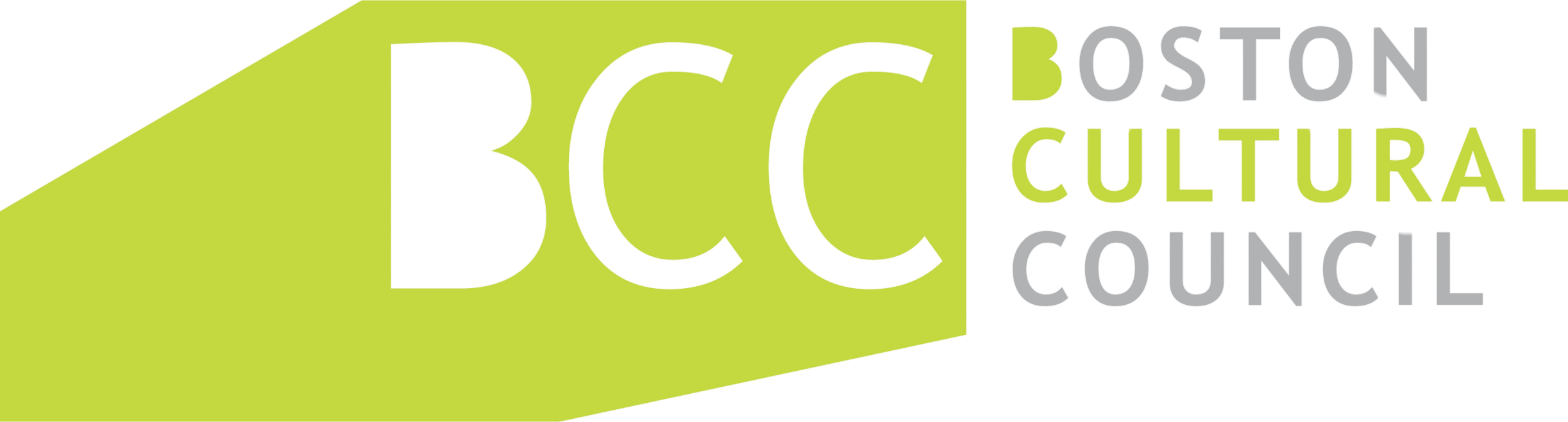 Logo of the Boston Cultural Council with large yellow letters on a green background.