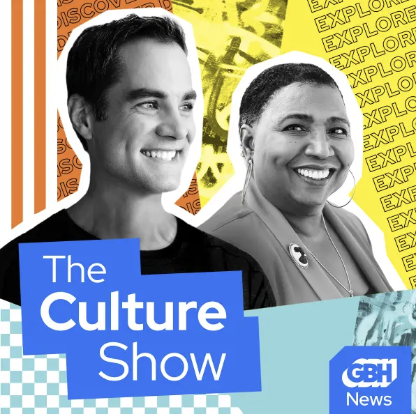 Cover image for The Culture Show on GBH News featuring a smiling young man with dark hair and a woman with earrings and a badge, with colorful, pattern-rich background.