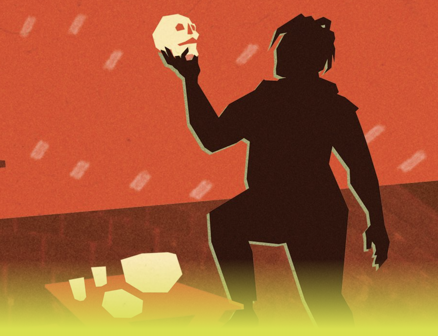 Silhouette of a person holding a skull against a reddish-orange background with floating white shapes and a campfire on the ground.