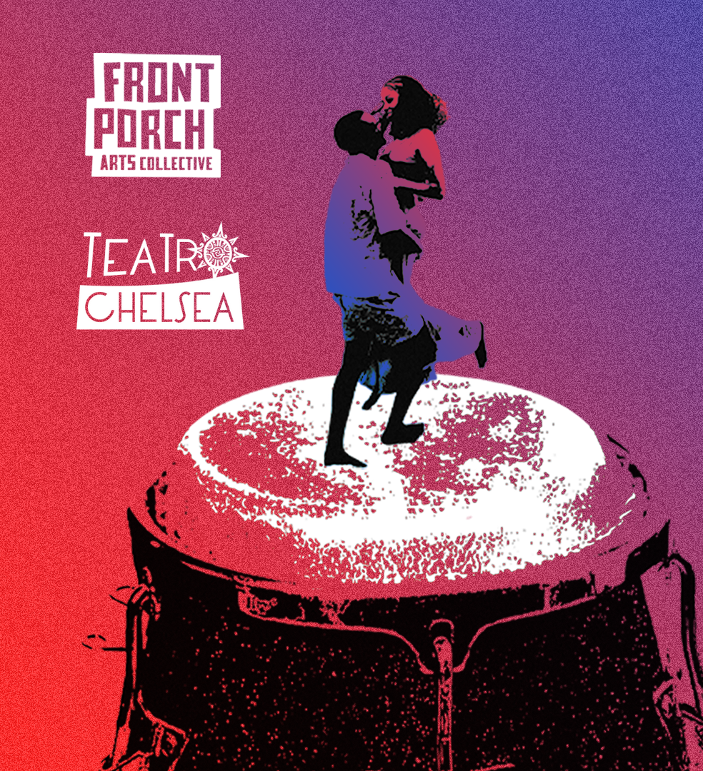 An illustration of a person jumping on a large drum on a colorful gradient background. Text on the image reads "Front Porch Arts Collective," "Teatro Chelsea."