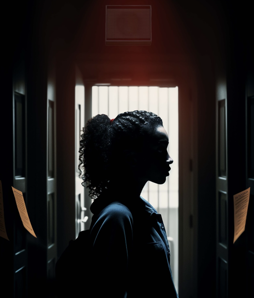 Silhouette of a woman with curly hair in a school hallway, backlit by natural light from a window.