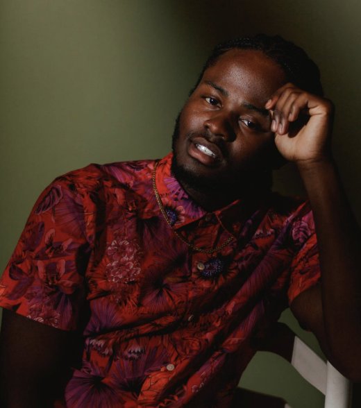 A young man with long hair styled in braids, wearing a colorful floral shirt and gold chain, resting his head on his hand and looking at the camera against a green background.
