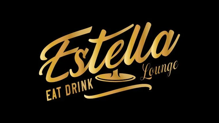 Logo for Estella Lounge with the words 'Eat Drink Lounge' and a stylized martini glass.
