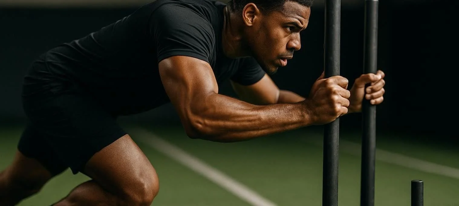 A man in athletic clothing pushes black weighted poles during a workout on an indoor gym floor with green turf.