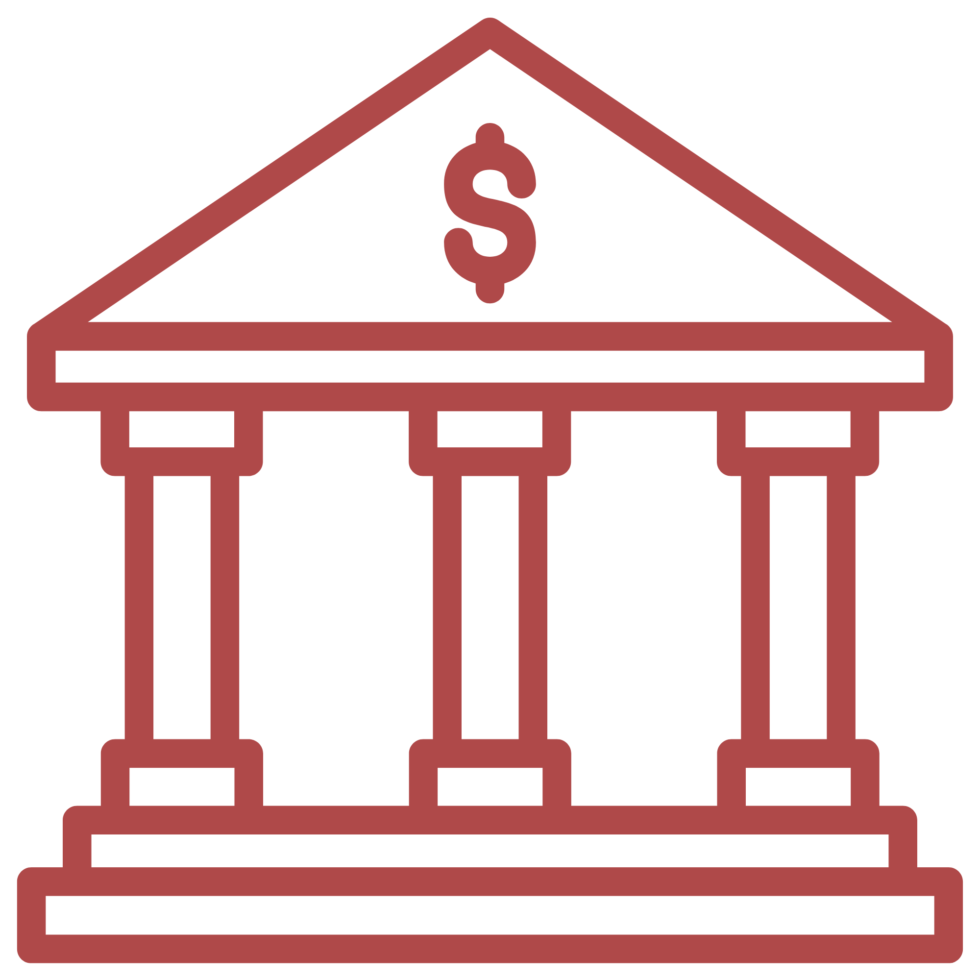 Outline of a classical bank building with four columns and a triangular pediment, with a dollar sign symbol inside the pediment.