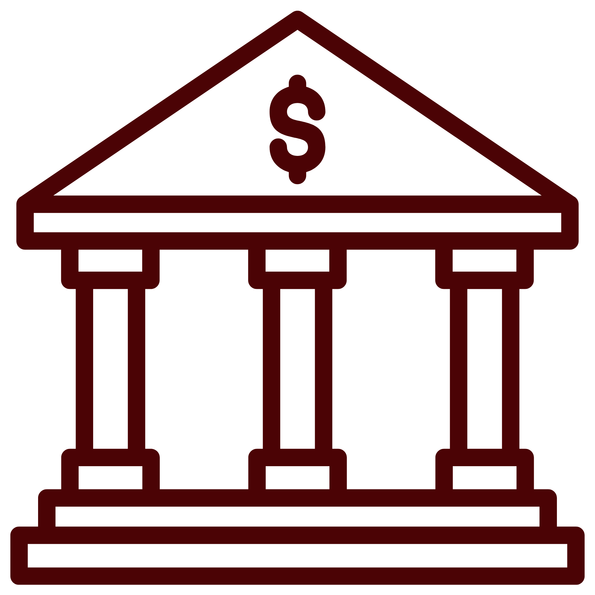 Outline of a government or institutional building with pillars and a triangular roof with a dollar sign on it.